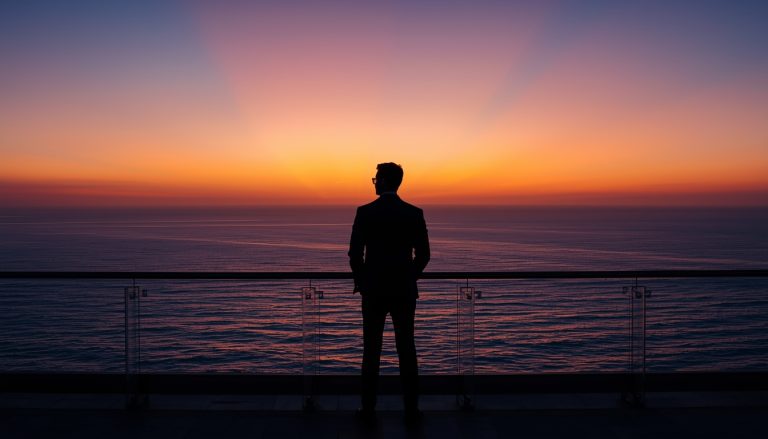 lucid-origin_man_standing_balcony_ocean_horizon_sunrise_suit-5