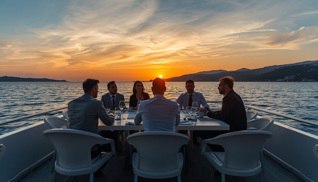 lucid-origin_business_professionals_yacht_meeting_sunset_luxury_16_9-5