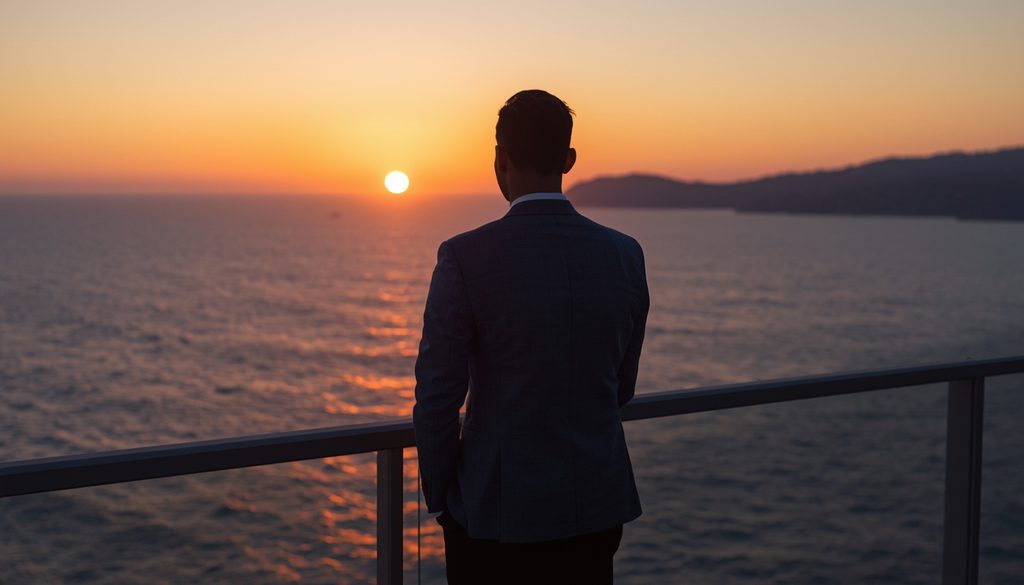 lucid-origin_man_standing_balcony_ocean_horizon_sunrise_suit-4