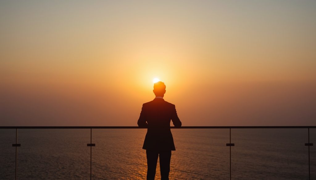 lucid-origin_man_standing_balcony_ocean_horizon_sunrise_suit-7